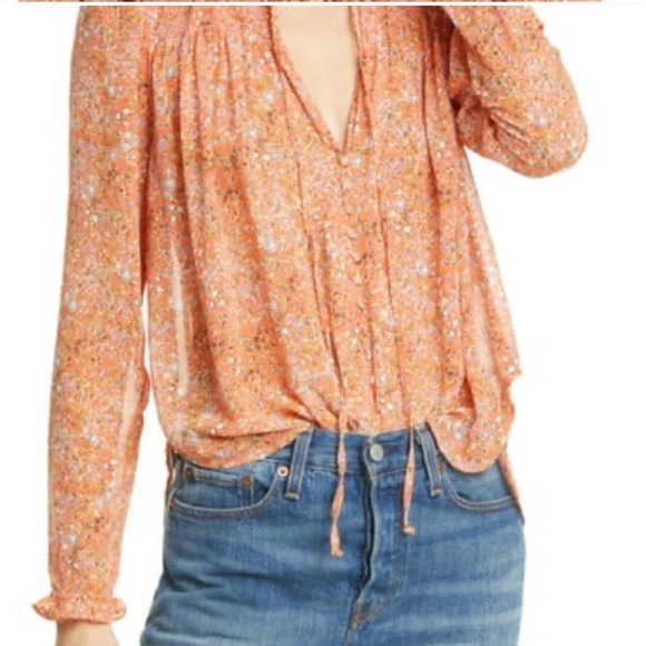 Free People Tops - Free People cottagecore boho blouse smocking ruffles self tie peach M